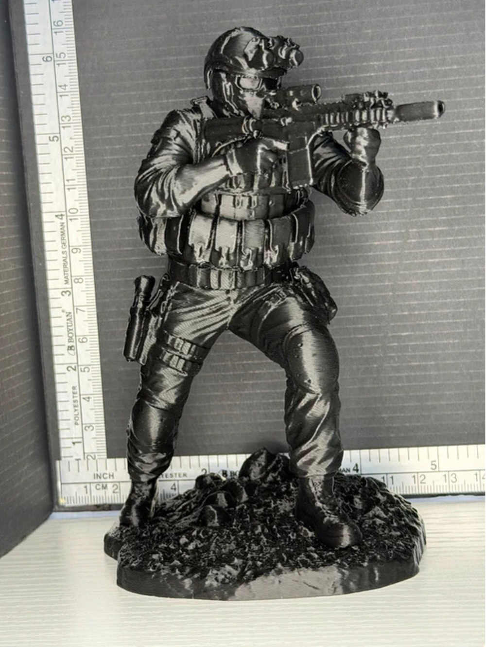 3D Printed Tactical Military Soldier Figure – Black PLA – Approx. 6" Tall